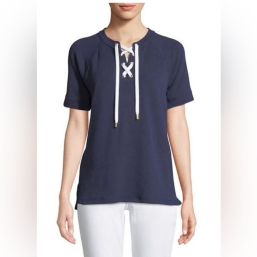 Michael Kors Women’s Navy Lace Up Short Sleeve Sweater Large-New With Tags